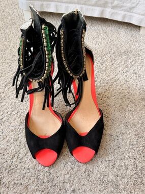 the Schutz Suede Fringe Crystal Ankle Strap Sandals.